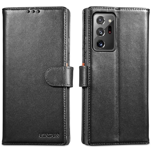 LENSUN Funda Samsung Galaxy Note 20 Ultra 5G, Carcasa Cuero Genuino [Función Soporte] con Tapa Cierre Magnetico y Ranuras para Tarjetas Cartera Libro para Samsung Note 20 Ultra   Negro