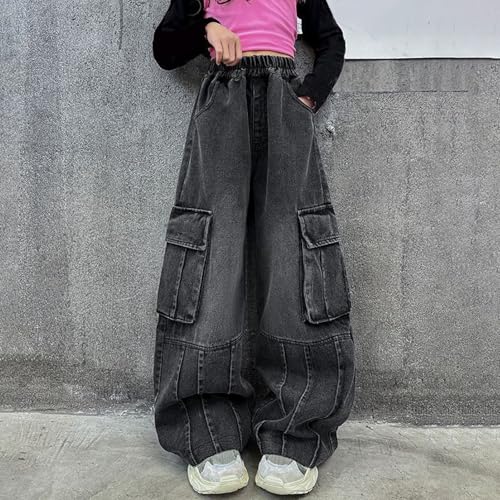 Teens Girls Cargo Denim Jeans Little Girl Baggy Y2k Wide Leg Long Pants Pockets Kids Vintage Grunge Hip Hop Punk Streetwear2