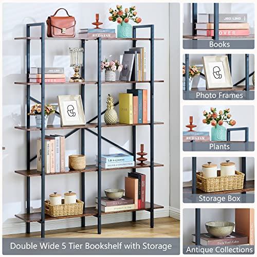 Hoctieon Double Wide 5 Tier Bookshelf, Rustic Open Etagere Bookcase, Vintage Industrial Large Bookshelves, Display Shelves With Metal Frame, For Home Office Decor Display, Rustic Brown #TOP6