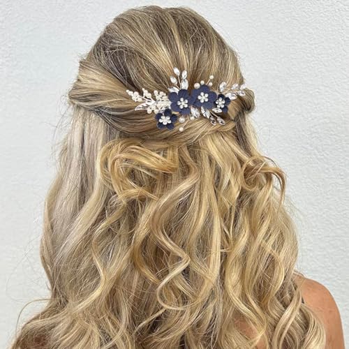 Pinzas para cabello florales azul oscuro para boda miniatura 2