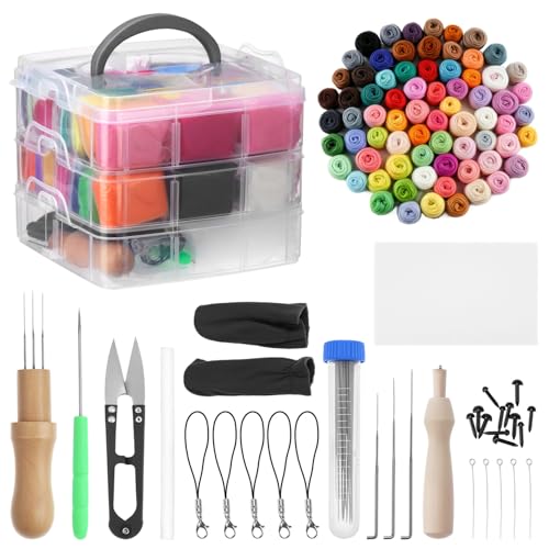 QWORK® Set de fieltro con aguja 48 colores de lana para fieltro – Kit de inicio de 88 piezas con caja de almacenamiento de 3 niveles para principiantes y profesionales
