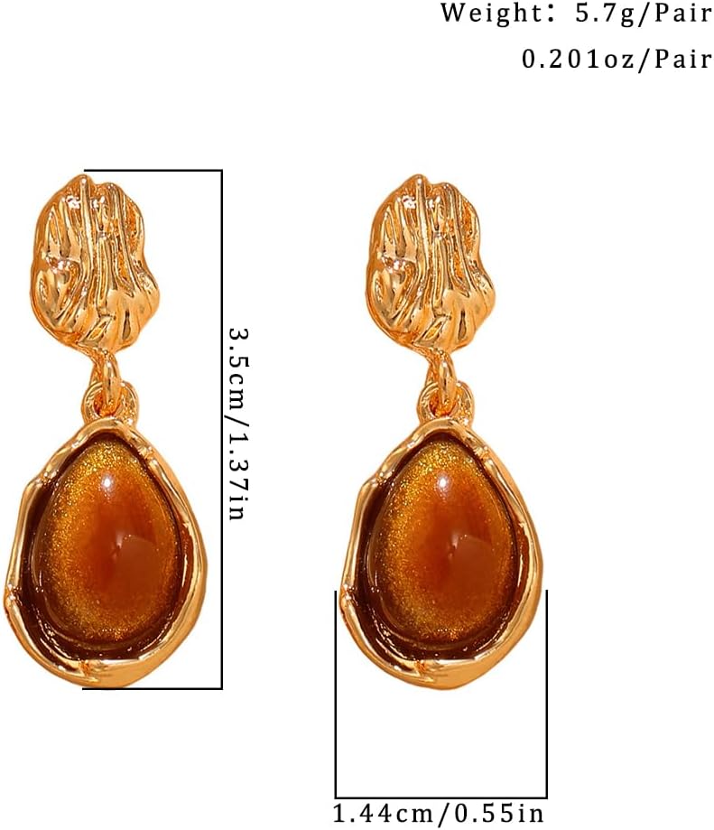 Brown Gold Statement Earrings for Women Trendy, Vintage Geometric Gem Stone Drop Hanging Earring Unique Irregular Crystal Stud Jewelry Accessories - Image 3