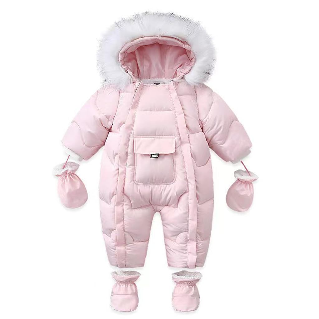 Combinaison de Neige Bébé Garçon Fille Hiver avec Capuche Pieds Barboteuse Gants Bordure Fourrure Détachable Rose 9-12 Mois