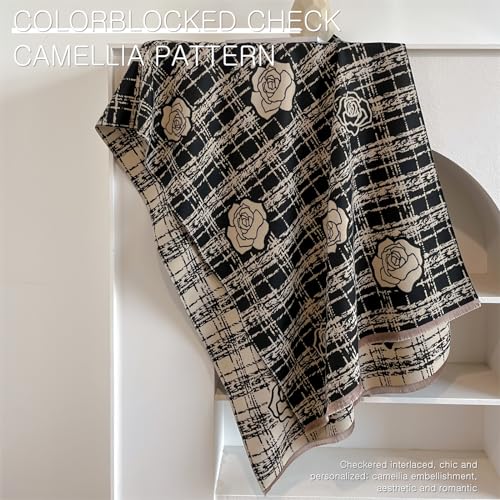 Winter Scarf Women Pashmina Shawls And Wraps Romantic Checked Camellia Pattern Reversible Cashmere Scarf With Tassel3