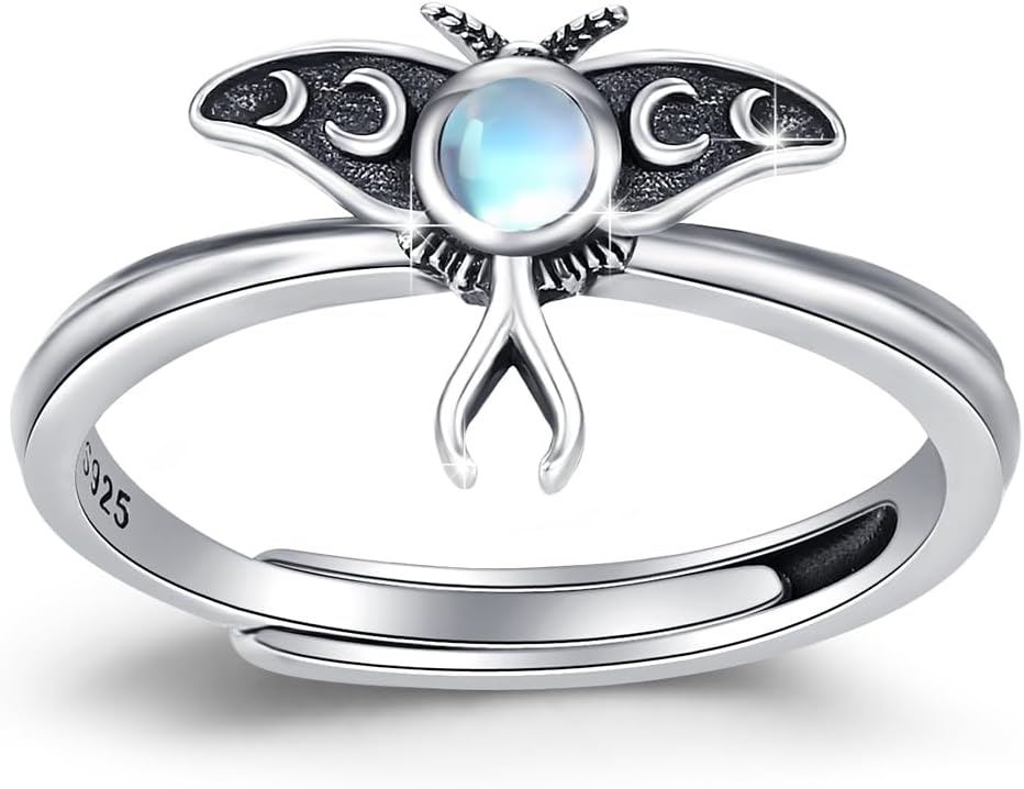 TRISHULA Luna Moth Ring for Women 925 Sterling Silver Moonstone Moth Rings Adjustable Insect Jewelry for Women Gifts for Birthday Halloween Christmas