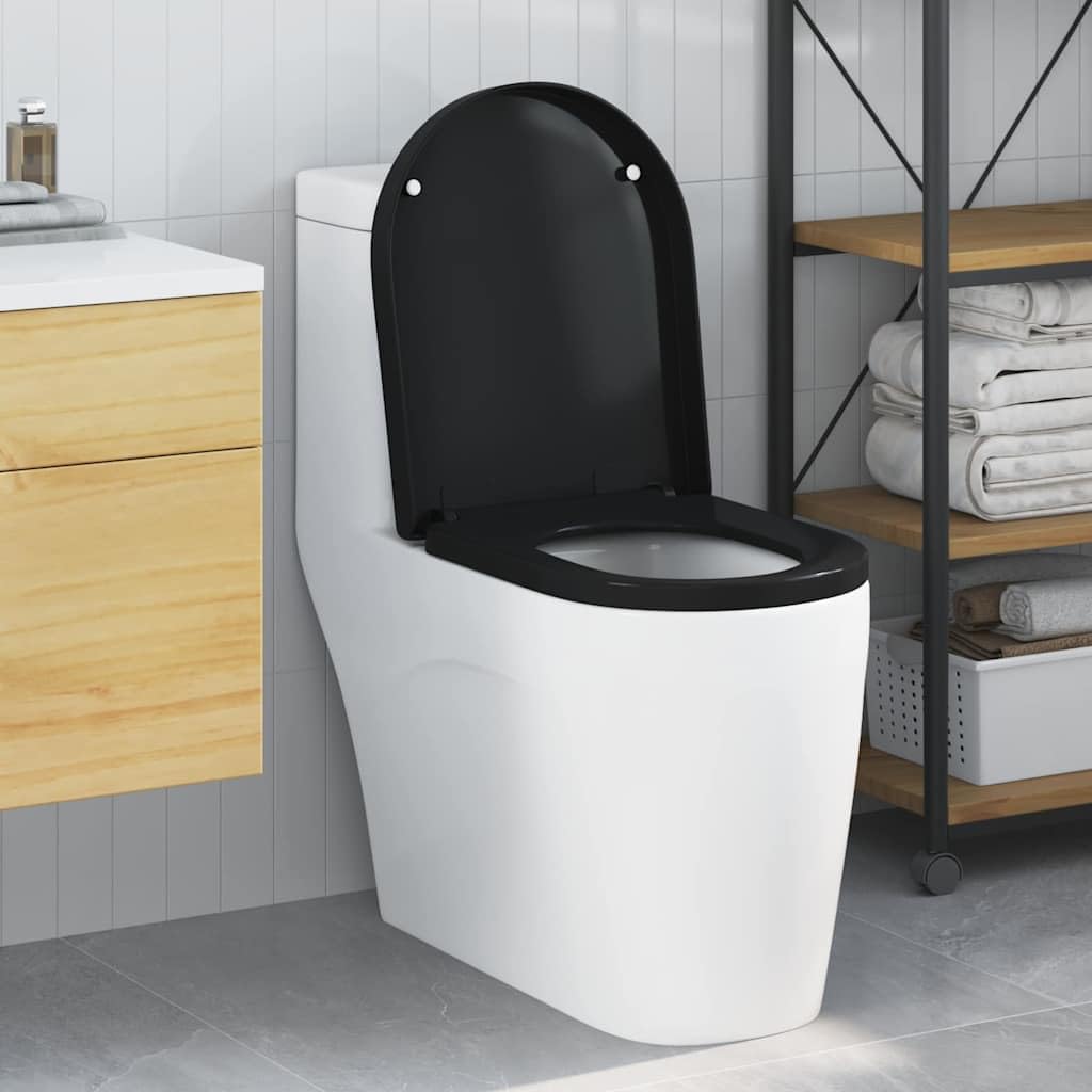 Toilettensitz schwarz aus Polypropylen, 48 x 36,5 x 4,5 cm, mit Edelstahl Scharnier, Innenbereich, einfache Montage, hygienisch, langlebig, passend für modernes Bad und Renovierung