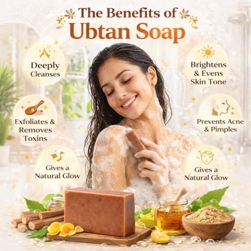Image of Ubtan Soap Pack of 2 | Natural Scrub With Sandalwood (Chandan) Multani Mitti Honey | Herbal Face and Bath Soap with Exotic Indian Herbs | Tan Removal and Antioxidant Cleanser for Pimple and Dryness, 200gm Each