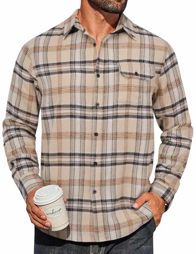 COOFANDY Mens Flannel Shirt Long Sleeve Lightweight Plaid Shirt Casual Button Down Shirts Khaki Black Plaid