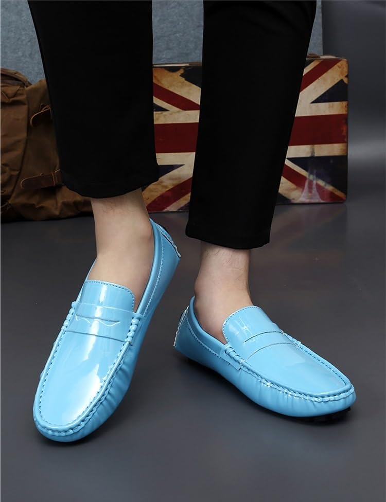Battle Men Men's PU Leather Penny Moccasins Slip-On Driving Loafers Lightweight Casual Shoes with Flexible Anti-Slip Rubber Sole(Light Blue,12 M US)3