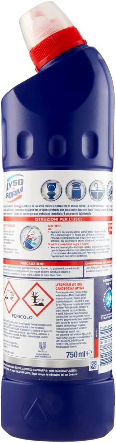 15x Lysoform Candeggina Attiva WC Gel 750 ml – WC-Reiniger mit Bleiche – Entfernt Kalk und hartnäckigen Schmutz,+ Italy Shop Service Kostenloser Schlüsselanhänger