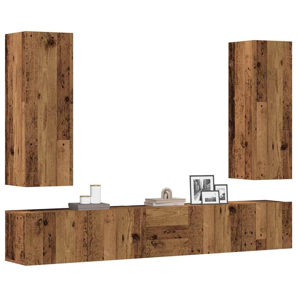 5-częściowy zestaw do montażu na ścianie, imitacja starego drewna, 80 x 30 x 30 cm, nowoczesny regał na media do salonu, sypialni, oszczędność miejsca