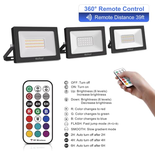 meihua 60w projecteur led rgb à télécommande 360 °, modes clignotant/fondu de lumière 12 couleurs décoratives, 3 minuteries, lampe extérieur ip66 étanche pour noël soirée salon concert et spectacle