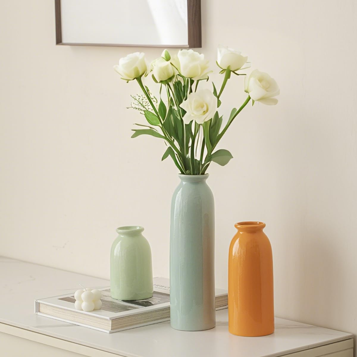 Set di 3 vasi in ceramica per decorazioni, 25 cm, arancione, giallo, bianco (colorful)