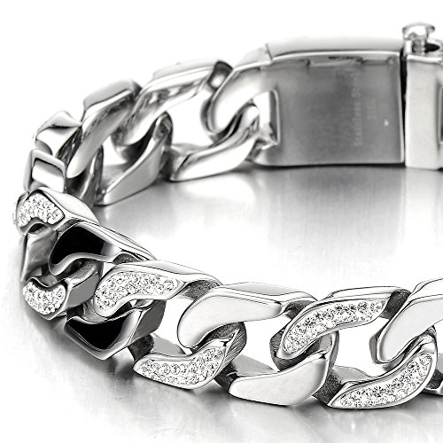 COOLSTEELANDBEYOND Men's Stainless Steel Curb Chain Bracelet High Polished with Cubic Zirconia4
