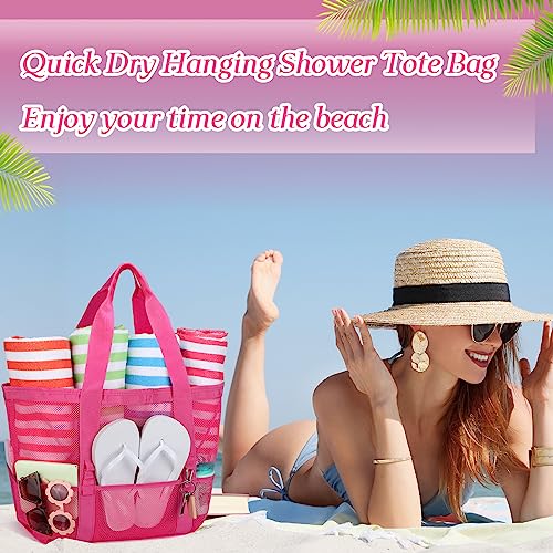 Image of Hillban Large Beach Mesh Bags Bulk for Women Beach Tote Bag with 8 Pocket Zipper Waterproof Sandproof for Pool Cruise Ship