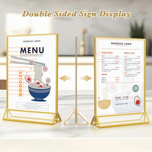 Gold Acrylic Sign Holder 5x7, 16 Pack Wedding Gold Frame Table Number Holders Vertical, Clear Picture Frames Flyer Stands Tables Menu Holder, Double Photo Paper Display Holder for Party, Home, Office