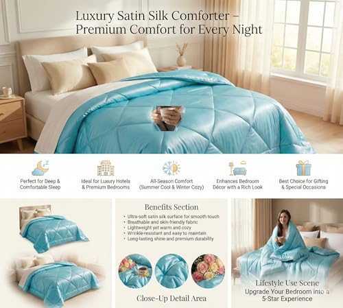Image of SANMARINO Satin Comforter Double Bed 88x96 Inches | 300 TC Ultra Soft Silky Satin Comforter | Luxury Bedding for Bedroom, Couples, Wedding & Home Decor (Aqua Blue)