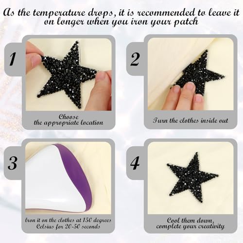 Ouligay 16 Stück Sterne zum Aufbügeln Schwarz Glitzer Stern Bügelbilder für Textilien, Stern Patches zum Aufbügeln, Schwarz Bügelflicken Strass Sterne Patches for Clothes, Dress, Hat, Jeans