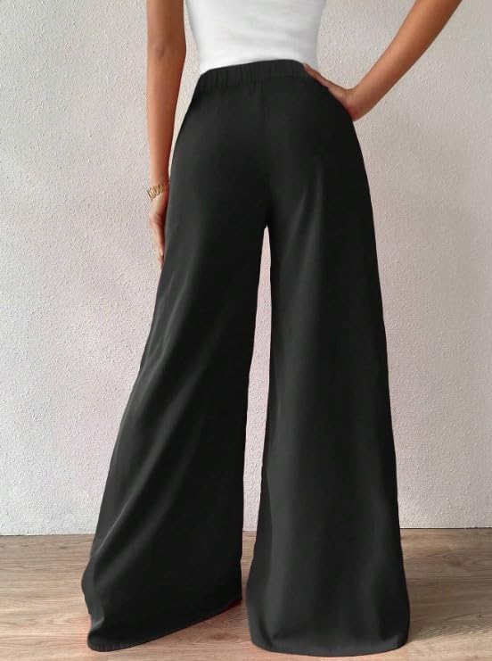 MCA Pantaloni Donna a Vita Alta Made in Italy – Gamba Larga, Palazzo Eleganti e Casual, Elastico in Vita, Look Ufficio o Tempo Libero