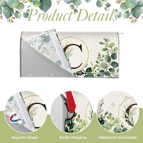 Image of Tiamon Monogrammed C Mailbox Covers Magnetic Eucalyptus Welcome Letter Box Wrap Standard Size 21x18 Inch Spring Summer Leaves Mailbox Decor Eucalyptus Letter Numbers Decoration for Outdoor Garden Yard