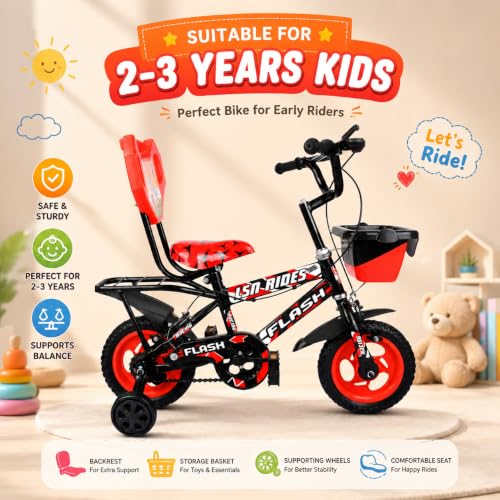 Image of Flash Baby Cycle for Kids 2-3Years | 10 Inch Bike with Training Wheels, Storage Basket, Comfortable Seat & Carrier