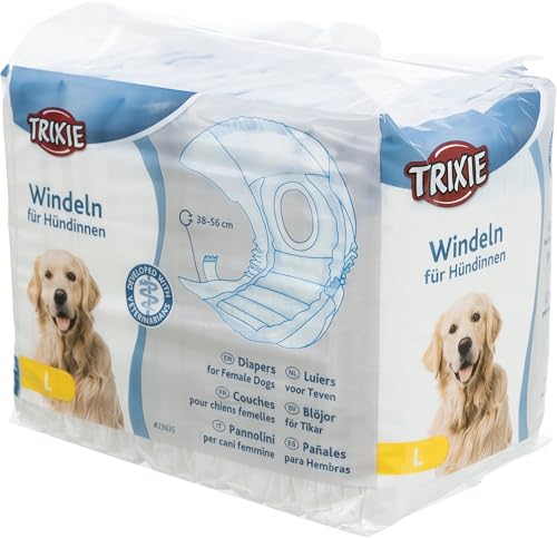 TRIXIE Windeln für Hündinnen - Größe L - Taillenumfang: 38 - 56 cm - ideal für Inkontinenz, Läufigkeit und nach Operationen - Gummizug an Bund und Beinausschnitten - Rutenöffnung - 12 Stück - 23635