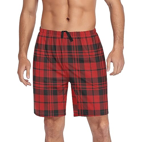 Red Plaid Mens Sleep Shorts Pajama Bottom Lounge Short for Men Summer Sleeping Pajama Pants with Drawstring XXL