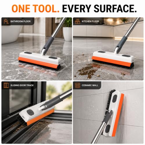Image of Magic Broom Silicone Floor Wiper - Heavy Duty, Durable & Efficient Floor Cleaning Tool Stainless Steel Extendable Big Handle Bathroom and Kitchen Squeegee (Orange 3 in 1 Wiper)