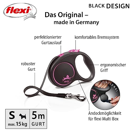 flexi® Black Design S Gurt 5 m schwarz/pink, Roll-Leine für Hunde bis 15 kg