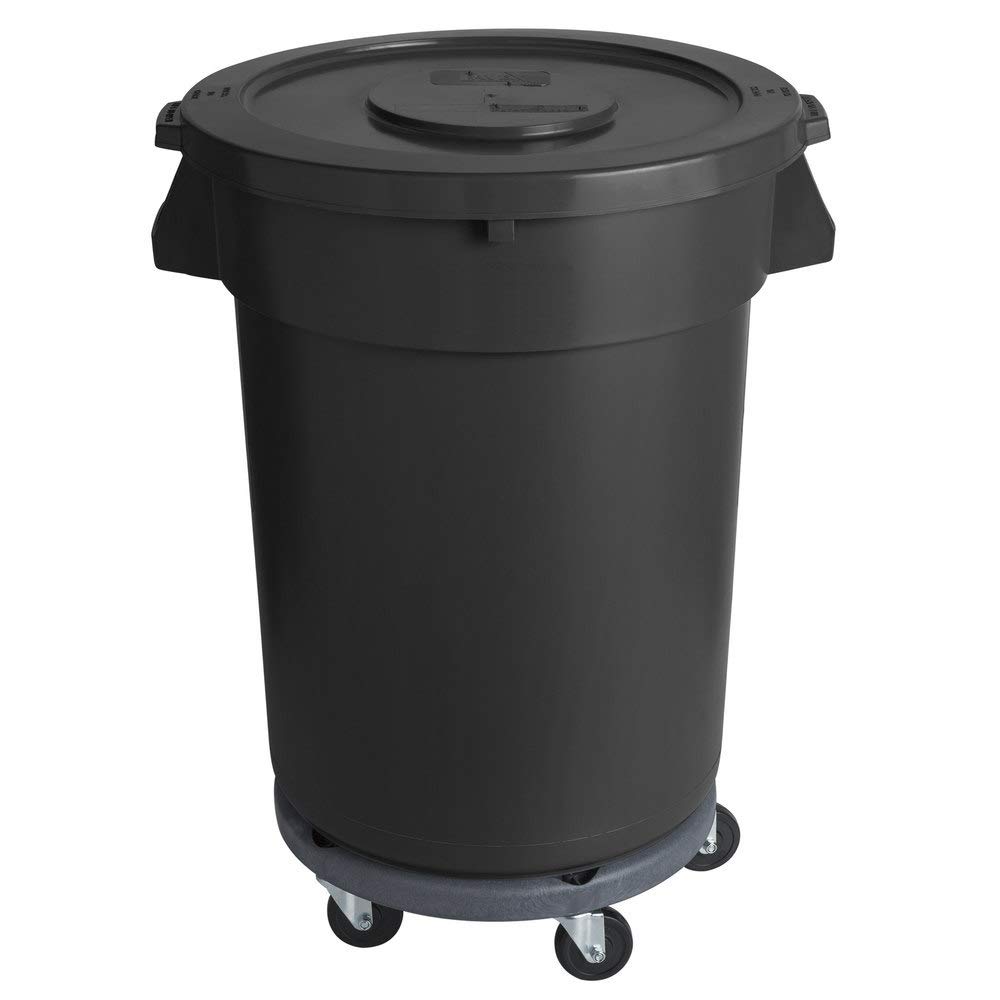 PRO&Family 128 Qt. / 32 Gallon / 121 Liters Black Round Ingredient Bin/Commercial Trash Can with Lid and Dolly Trash Bag Added Kitchen Garbage Can Office Trash Can Recycle Bin Waste Basket Touchless