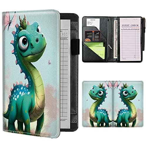 Server Books for Waitress Waiter with Zipper Pocket, Butterfly Dinosaur Leather Server Pads Waitstaff Organizer Guest Check Presenters Server Wallet Money Holder Pouch Fit Apron