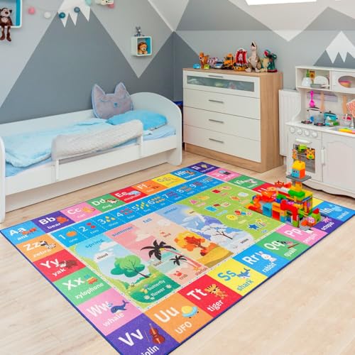 ABC Kids Rug for Playroom, 4x6 Washable Classroom Area Rugs, Toddler Educational Play Mat with Alphabet Numbers Seasons Shapes, Learning Fun for Preschool Children, Colorful - Image 4
