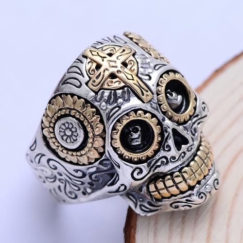 Real 925 Sterling Silver Mexican Sugar Skull Head Ring Golden Eye Cross Punk Gothic Biker Jewelry for Men Women Size 8-133