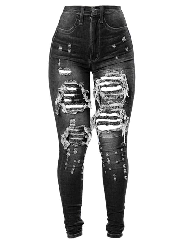Women High Waist Ripped Jeans with Buttons Butt Lift Stretch Distressed Denim Pants Stretchy Slimming Pull-On Jean
