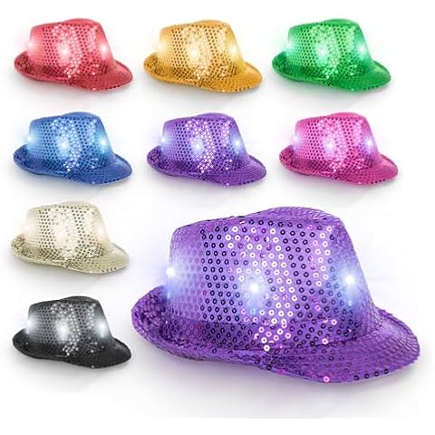 Fun Central 12 Pack - LED Light Up Sequin Fedoras Hats for Men & Women - 2025 New Years Eve Supplies Assorted Colors Cover