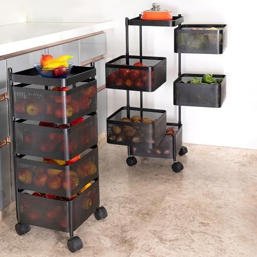 Kitchenwell Metal Multi-Purpose Trolley Storage Organizer and Kitchen Accessories Items for Kitchen Storage Rack Square Design Fruits & Vegetable Onion Cutlery (Matt Black, 5 Layer Drawer) 4 51c61g0HWiL