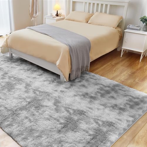 Puremy Wohnzimmerteppich, Hochflor Teppiche Wohnzimmer Deko Flauschiger Weich Waschbarer & Anti-Rutsch Modern Shaggy Teppich für Schlafzimmer, Kinderzimmer, 140x200cm, Tie-Dye Hellgrau