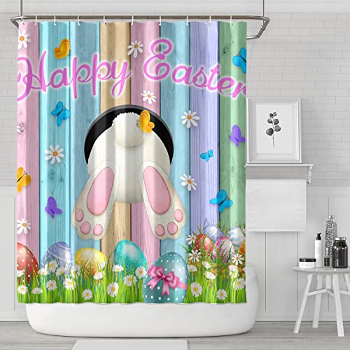 Easter Shower Curtain Happy Easter Bunny Shower Curtains For Bathroom, Easter Eggs With Tulip Flowers And Gnomes Bathtubs Bathroom Curtain Decor With 12 Rings, Spring Home Decor72X84In #TOP1