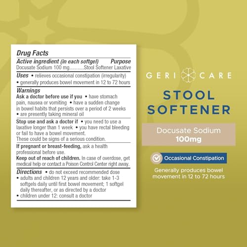 Image of GeriCare Docusate Sodium Stool Softener - 100mg Gentle Stimulant Laxative Softgels for Men & Women- Constipation Relief - Adults Daily Bowel Movement Laxative 1000 Count (Pack of 2)