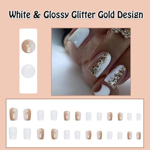 Andging White Press On Nails Short Medium Coffin, Fake Nails For Women With Glossy Glitter Gold Design, Acrylic Square Glue On Nails, False Nails Press On Stick On Nails For Wedding Birthday 24Pcs #TOP1