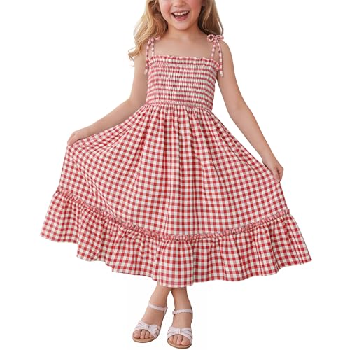 LessonZoo Girls Plaid Dress Gingham Sleeveless Checkered Flowy Cami Strap Dress Casual Check Sundress for Kids 5-14 Years(Red Plaid 9-10 Years)