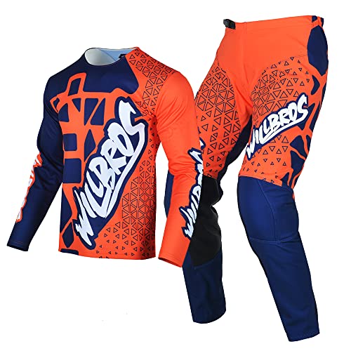 Willbros Pantalones de Jersey Camiseta de Motocross Traje Hombres Mujeres Adulto Offroad Enduro Juego de Motos de Cross Ropa de Carreras Naranja Azul (Jersey XL Pants 36)