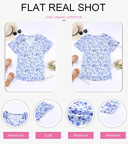 Shewin Womens Fashion Floral Print V Neck Spring Summer Boho Tops Loose Fit Casual Short Sleeve Bohemian Blouses Shirts For Women 2023,Us 8-10(M),Blue #TOP3