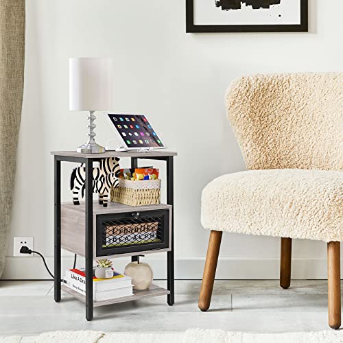 Oyeal Nightstand With Charging Station End Table With Drawer Sofa Side Table With Usb Ports And Outlets Narrow Bedside Table 3 Tier Record Player Stand Table For Bedroom Living Room Small Space, Grey #TOP4