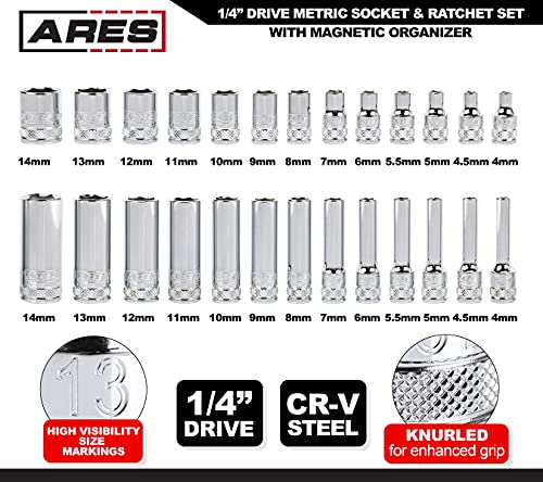 Ares 47003-28-Piece 1/4-Inch Drive Metric Socket And 90-Tooth Ratchet Set With Magnetic Organizer - Sizes 4Mm To 14Mm Deep And Shallow Sockets #TOP3