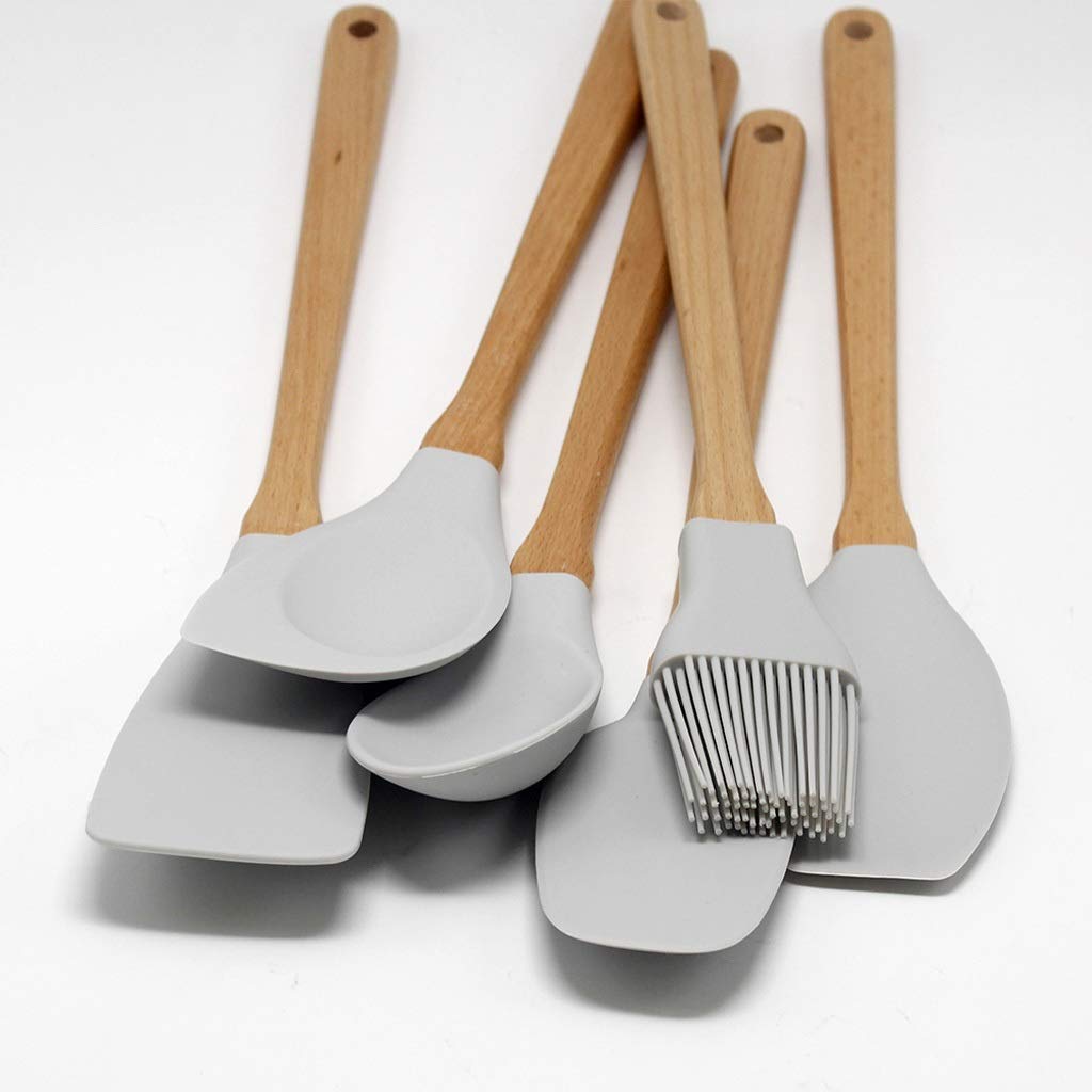6 Stück/Set Utensilien Hellgrau Lebensmittelqualität Silikon Holzgriff Küche Kochwerkzeug Kochgeschirr Spatel Pfannenwender Schöpflöffel Küchengeschirr