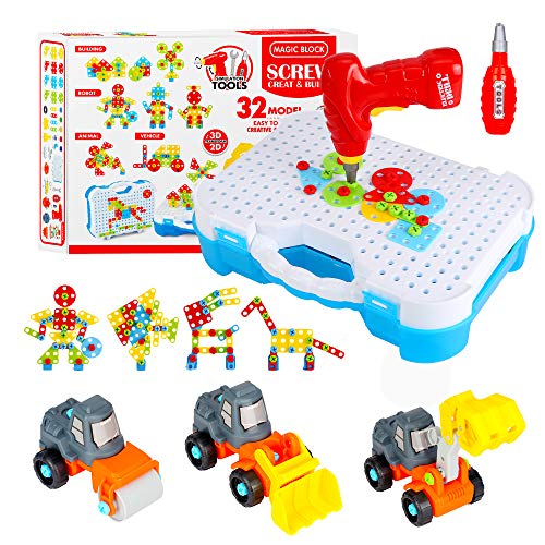 MOQUIN 325 Pieces Electric Drill Puzzle Toys with Take Apart Construction Truck Screw Building Block Game Creative Educational 3D Puzzle Toy STEM Toys Best Gift for Boys and Girls