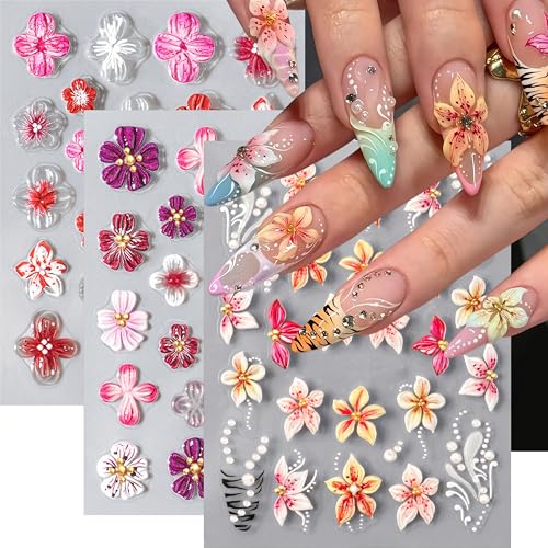 3 Sheets Flower Nail Stickers for Nail Art,5D Embossed Spring Summer Floral Nail Decals Pink White Lily Hibiscus Tropical Floral Flower Nail Design 3D Acrylic Flower Nail Supplies for Women Nail Decor