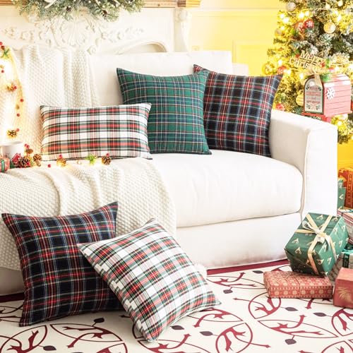 Image of AQOTHES Christmas Plaid Decorative Throw Pillow Covers Green Blue 20x20