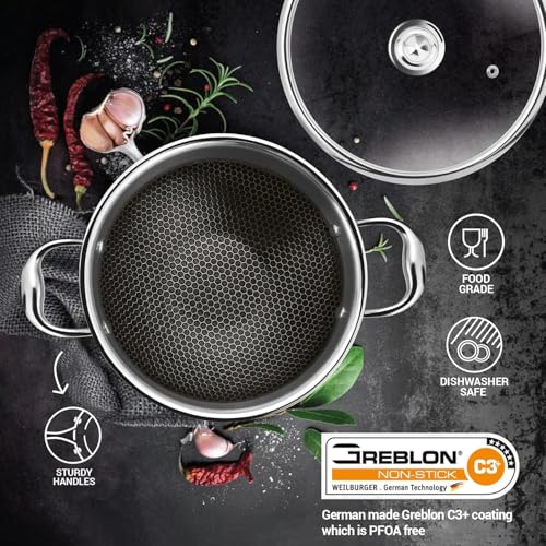 Image of Milton Pro Cook Induction Cookware & Gas Stove Friendly Triply Stainless Steel Honeycomb Mini Kadhai with Glass Lid 16cm | GREBLON C3+ Non Stick Coating | Even Heat | Metal Spoon Friendly |3Y Warranty